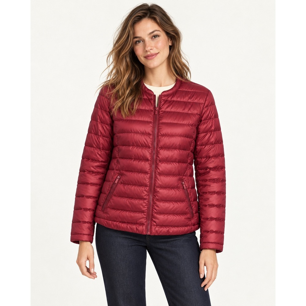 Womens Puffer Jacket Large Burgundy Red Quilted Zip Up Lightweight Outerwear